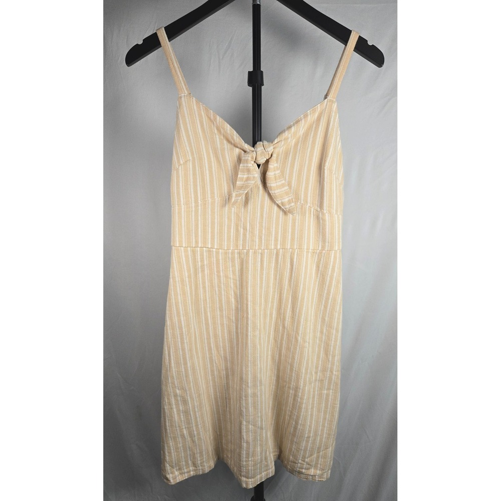Striped Beige Cream‎ Sundress Cotton Linen Sz M Babydoll Coastal Neutral Beachy